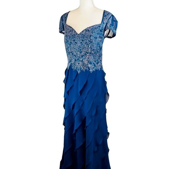 XSCAPE‎ Blue Sheer Cap Sleeve Floral Dress Gown 10 Tiered Ruffles Wedding Prom - Picture 16 of 16